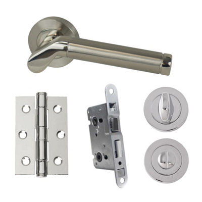 UAP Developer Ventura - Door Handle Pack with Hinges and Bathroom Lock - Polished Chrome/Satin Nickel
