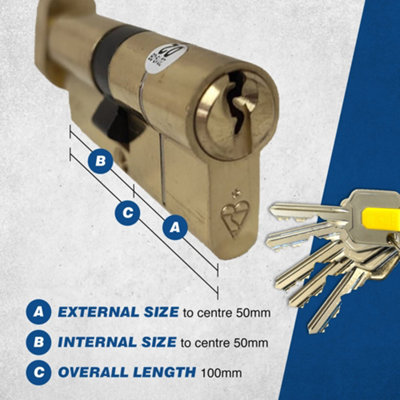 UAP+ Euro Cylinder Lock - 1 Star Kitemarked Thumb Turn Euro Lock Cylinder - Suitable for All Door Types - 100mm - 50/50 - Brass