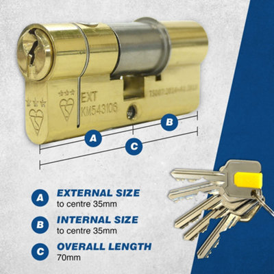 UAP Euro Cylinder Lock - 3 Star Kitemarked Euro Lock Cylinder - Suitable for All Door Types - 70mm - 35/35- Brass