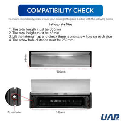 UAP Framaster 12" Letterplate Letterbox for uPVC, Composite and Wooden 40-80mm Doors Black Frame - Satin Stainless Flap