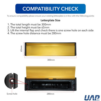 UAP Framemaster 12" Letterplate Letterbox for uPVC, Composite and Wooden 20-40mm Doors - Black Frame - Gold Anodised Flap