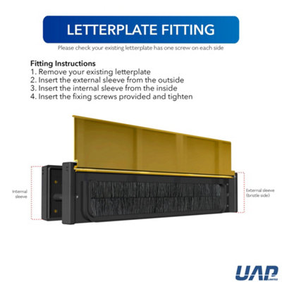 UAP Framemaster 12" Letterplate Letterbox for uPVC, Composite and Wooden 20-40mm Doors - Black Frame - Gold Anodised Flap