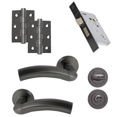 UAP Jade Bathroom Door Handle - Lever on Rose - Complete Black Pack with Lock & Hinges