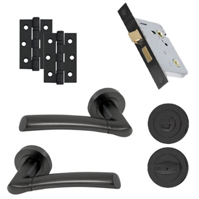 UAP Lincoln Black Bathroom Door Handle Set - Lever on Rose with Lock & Hinges