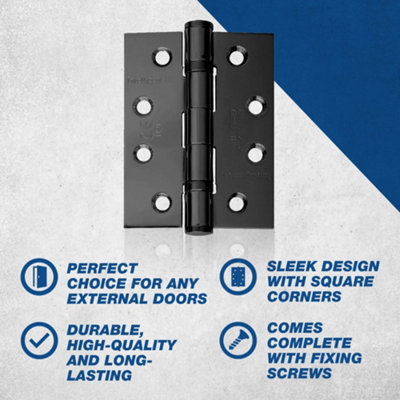 UAP Pack of 2 Door Hinges - 4 Inch - 100x75mm - Mild Steel Ball Bearing Butt - Square Corners - Internal Door - Black