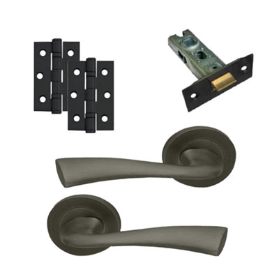 UAP Scimitar Door Handle Set - Metal Grey Lever on Rose - Complete Latch Pack