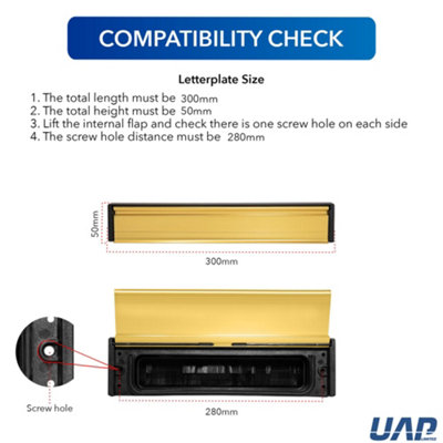 UAP Slimline 12" Letterplate Letterbox for Composite and Wooden 40-80mm Doors - Black Frame - Gold Flap