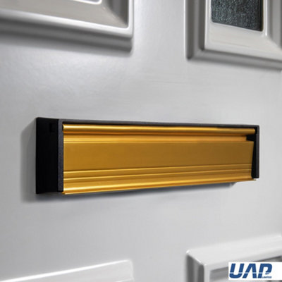 UAP Slimline 12" Letterplate Letterbox for Composite and Wooden 40-80mm Doors - Black Frame - Gold Flap