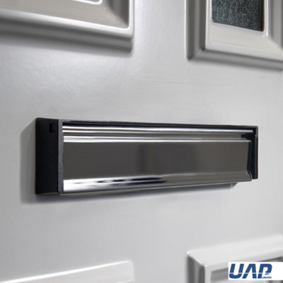 UAP Slimline 12" Letterplate Letterbox for Composite and Wooden 40-80mm Doors - Black Frame - Mirror Polished Flap