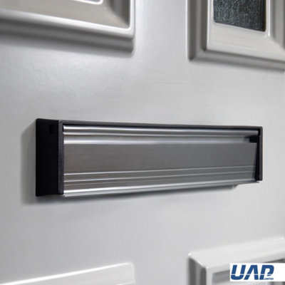 UAP Slimline 12" Letterplate Letterbox for Composite and Wooden 40-80mm Doors - Black Frame - Polished Aluminium Flap