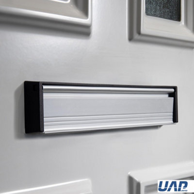 UAP Slimline 12" Letterplate Letterbox for Composite and Wooden 40-80mm Doors - Black Frame - Silver Anodised Flap