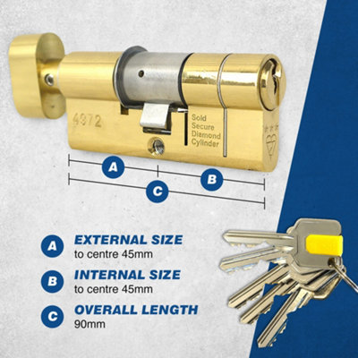 UAP Thumb Turn Euro Cylinder Lock - 3 Star Kitemarked Euro Lock Cylinder - Suitable for All Doors - 90mm - 45/45 - Brass