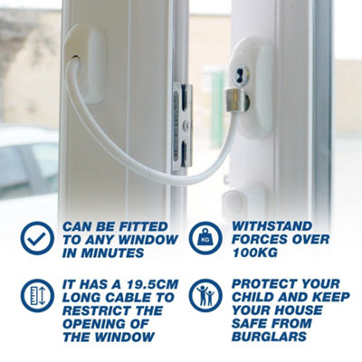 UAP Window Restrictor with Key - Window Safety Locks - 20cm Cable - All Types of Windows - 4 Locks - Chrome - Black Cable
