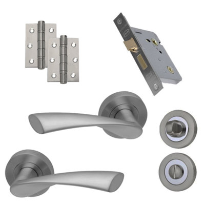 UAP Zeta Bathroom Door Handle Set - Lever on Rose with Lock, Turn & Hinges - Satin Nickel