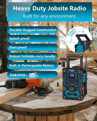 UEME 16W Rugged Jobsite DAB / DAB+ Radio with Bluetooth, Built In Rechargeable Battery, USB Phone Charger + SmartPhone Storage