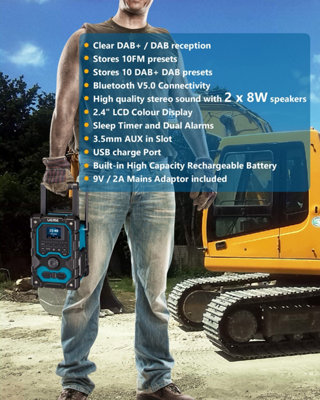 UEME 16W Rugged Jobsite DAB / DAB+ Radio with Bluetooth, Built In Rechargeable Battery, USB Phone Charger + SmartPhone Storage