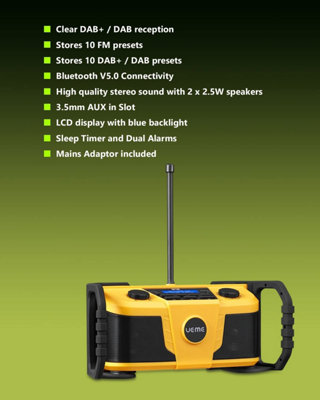 UEME 5W Rugged Job Site DAB / DAB+ Digital Radio With Bluetooth and Mains Adaptor (Yellow/Black)