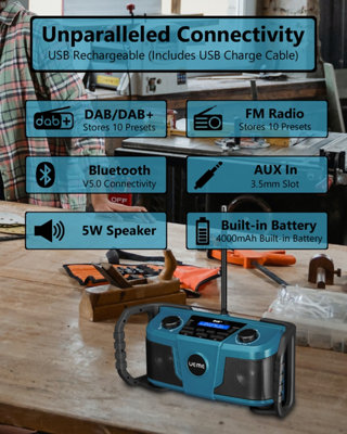 UEME 5W Rugged Jobsite DAB / DAB+ Digital Radio with Bluetooth & Built in Rechargeable Battery