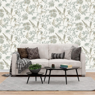 Ugepa Floral Leaf Naturistic Sage Green Wallpaper Metallic Gold Paste The Wall