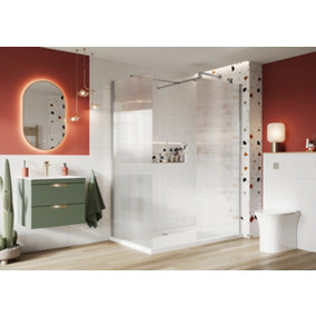 UK Home Living Avalon 8mm Fluted Glass Wetroom Panel 1100mm with 800mm end panel Chrome inc. 1600x800mm tray and waste