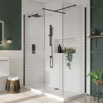UK Home Living Avalon 8mm Wet room pack, 1100mm and 700mm panels, wall profiles and supports in Black, 1600x700mm tray and waste Price Comparisons | Compare The Build