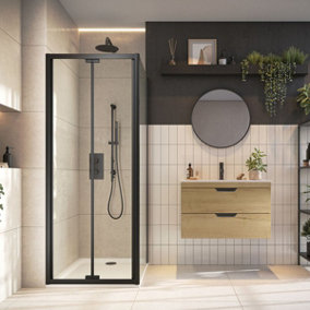 UK Home Living Avalon Bi-fold door for recess 900mm - Black - including 900x900mm shower tray and black waste
