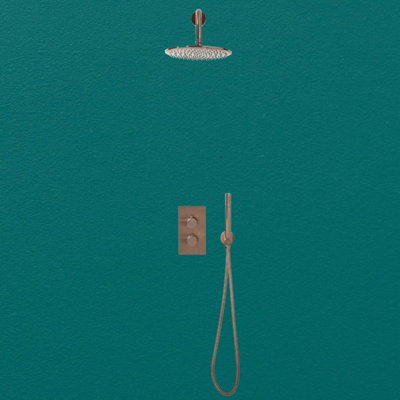 UK Home Living Avalon Core Round Handle Thermostatic Shower Valve, Drench Head & Bracket Brushed BRONZE