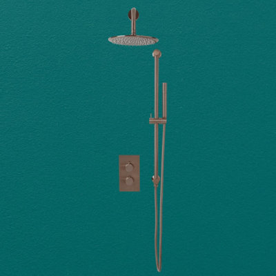 UK Home Living Avalon Core Round Handle Thermostatic Shower Valve, Drench head & handset Riserkit Brushed BRONZE