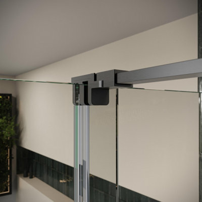 UK Home Living Avalon Designer 8mm Minimal Frame Sliding Door 1100mm Gunmetal with 800mm side panel