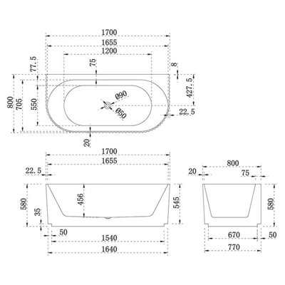 UK Home Living Avalon Fluted Back To Wall Bath 1700x800mm inc. White Overflow and Waste