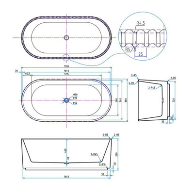 UK Home Living Avalon Fluted Freestanding Bath 1700x800mm inc. White Overflow and Waste