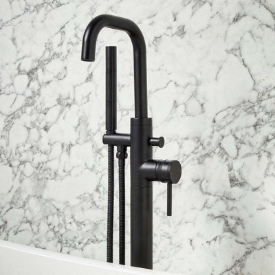 UK Home Living Avalon Nidd gloss white freestanding bath 1700x800mm with black freestanding bath/shower mixer and matching waste - 4