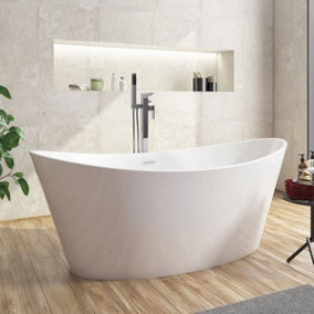 UK Home Living Avalon Nidd gloss white freestanding bath 1700x800mm with chrome freestanding bath/shower mixer and matching waste