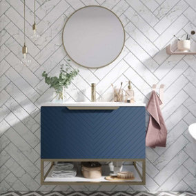UK Home Living Avalon OFFER PRICE Chevron 600mm Basin Cabinet Blue With Brushed brass frame, handle and overflow
