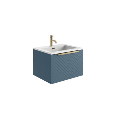 UK Home Living Avalon OFFER PRICE Chevron 600mm Basin Cabinet Blue With Brushed brass frame, handle and overflow