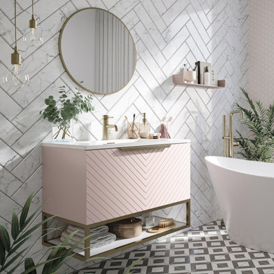 UK Home Living Avalon OFFER PRICE Chevron 600mm Basin Cabinet Pink With Brushed brass frame, handle and overflow Price Comparisons | Compare The Build