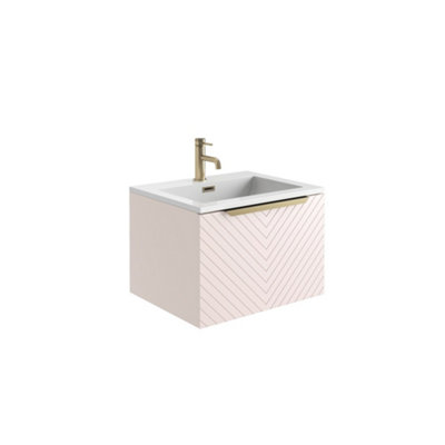 UK Home Living Avalon OFFER PRICE Chevron 600mm Basin Cabinet Pink With Brushed brass frame, handle and overflow