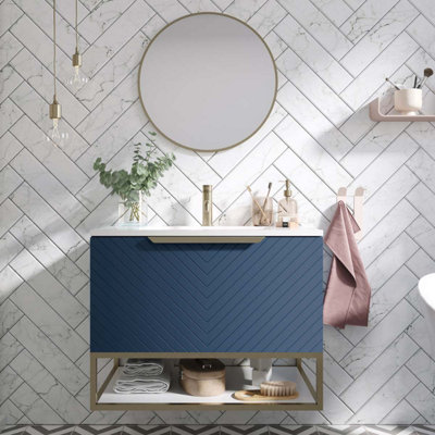 UK Home Living Avalon OFFER PRICE Chevron 800mm Basin Cabinet Blue With Brushed brass frame, handle and overflow