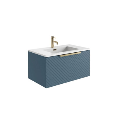 UK Home Living Avalon OFFER PRICE Chevron 800mm Basin Cabinet Blue With Brushed brass frame, handle and overflow