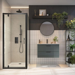 UK Home Living Avalon Pivot door for corner 800mm door with 800mm side panel - including 800x800mm shower tray and black waste