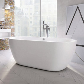 UK Home Living Avalon Skell gloss white freestanding bath 1555x745mm with b/brass freestanding bath/shower mixer and waste