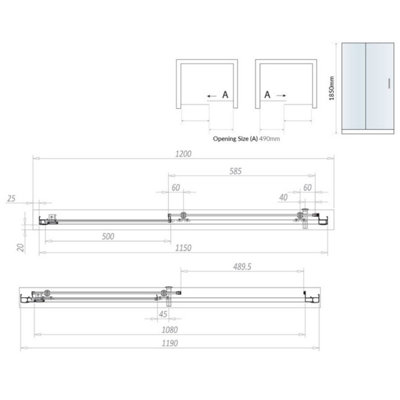 UK Home Living Avalon Sliding shower door for corner 1200mm door with 800mm panel Black - inc 1200x800mm shower tray and blk waste - 3