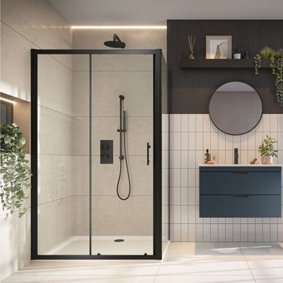 UK Home Living Avalon Sliding shower door for recess 1000mm Black - including 1000x800mm shower tray and black waste Price Comparisons | Compare The Build