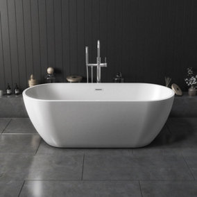 UK Home Living Avalon Ure gloss white freestanding bath 1650x700mm with black freestanding bath/shower mixer and matching waste