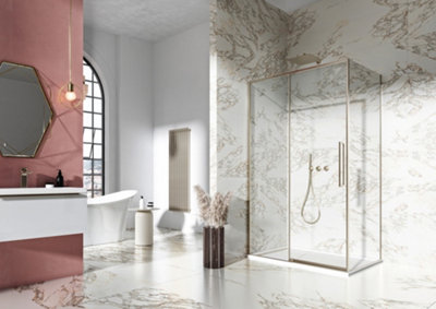 UK Homeliving Avalon New Luxury range 8mm Slim Frame Sliding Door Brushed Brass left hand 1200mm 800mm side panel tray and waste