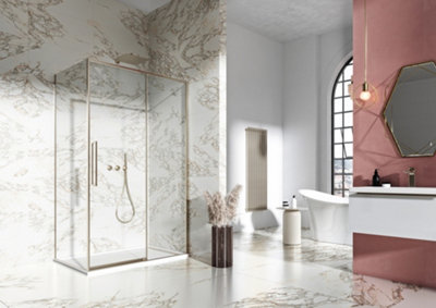 UK Homeliving Avalon New Luxury range 8mm Slim Frame Sliding Door Brushed Brass right hand 1200mm 800mm side panel tray and waste
