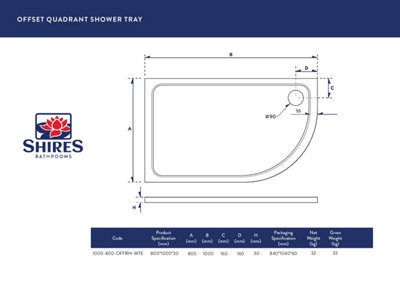 UK Homeliving Shires Offset Quadrant Stone Resin 1000x800mm Offset Quad RH 30mm Shower Tray WhiteWITH 90mm FAST FLOW CHROME WASTE - 3