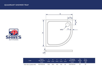 UK Homeliving Shires Quadrant Stone Resin 900x900mm Quad 30mm Shower Tray White INCLUDING 90mm FAST FLOW CHROME WASTE - 3