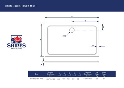 UK Homeliving Shires Rectangular Stone Resin 1100x800mm Rectangular 30mm Shower Tray White INCLUDING 90mm FAST FLOW CHROME WASTE - 3