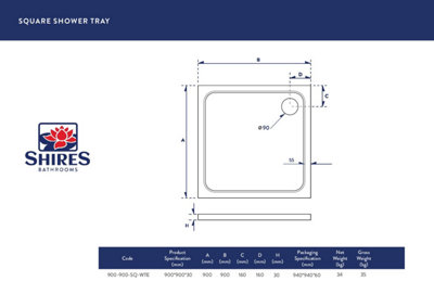 UK Homeliving Shires Square Stone Resin 900x900mm Square 30mm Shower Tray White INCLUDING 90mm FAST FLOW CHROME WASTE - 3